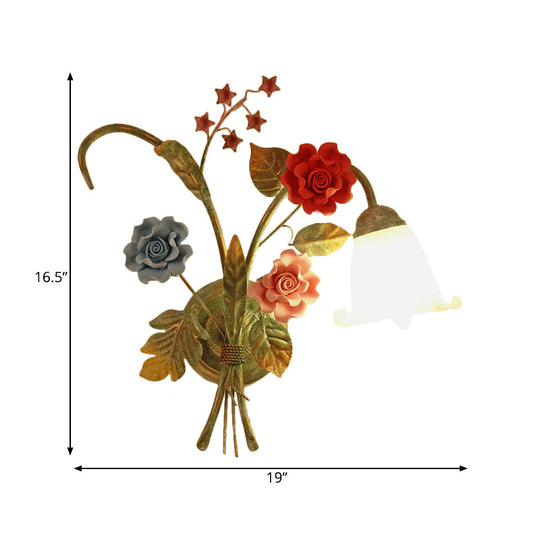 Green Glass Flower Wall Sconce With Curved Arm - Korean Garden Lamp