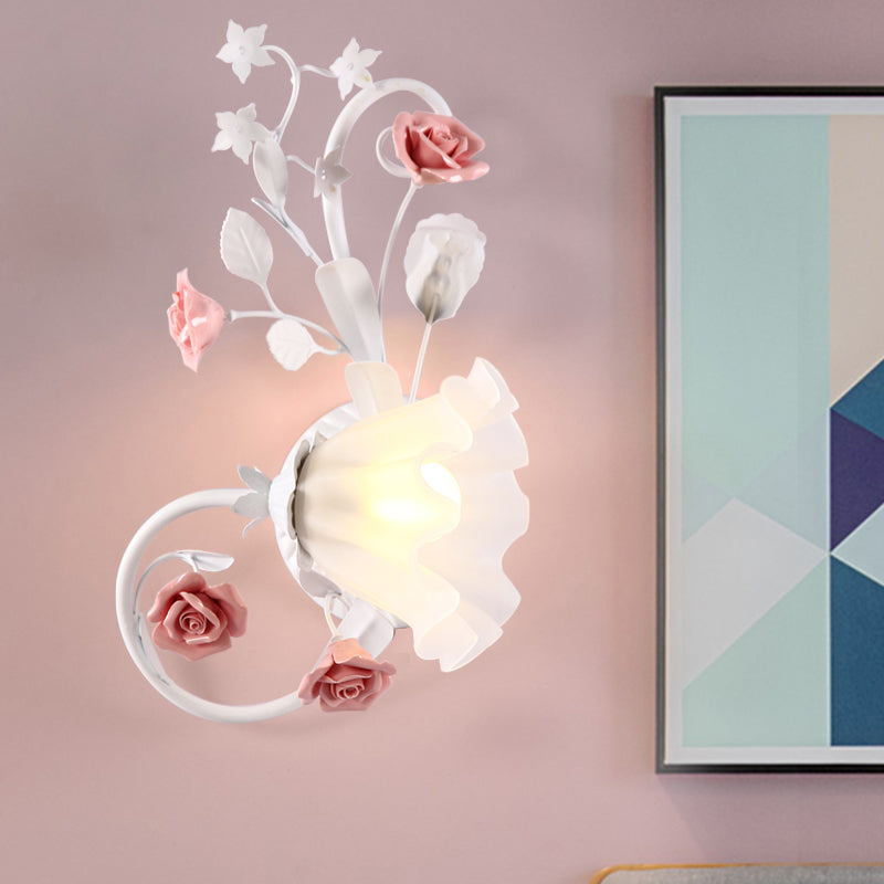 Countryside Scalloped Wall Lighting - Elegant White Glass Lamp With Pink Rose Bedroom Mounted