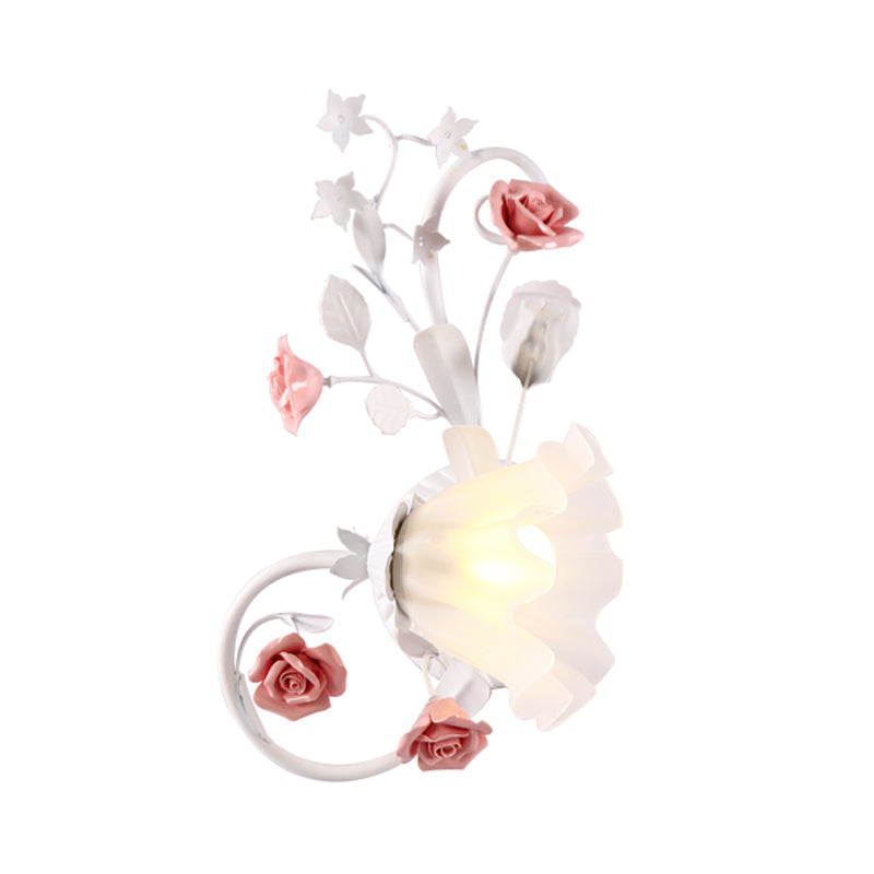 Countryside Scalloped Wall Lighting - Elegant White Glass Lamp With Pink Rose Bedroom Mounted