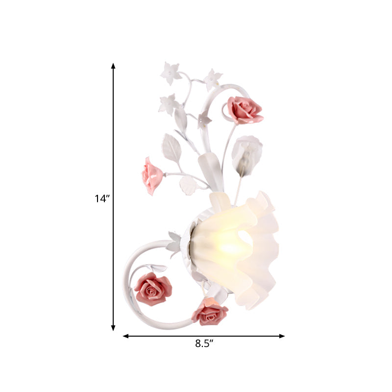 Countryside Scalloped Wall Lighting - Elegant White Glass Lamp With Pink Rose Bedroom Mounted