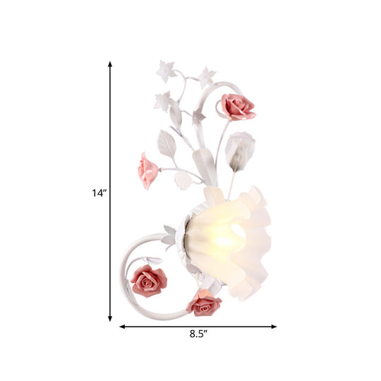 Countryside Scalloped Wall Lighting - Elegant White Glass Lamp With Pink Rose Bedroom Mounted