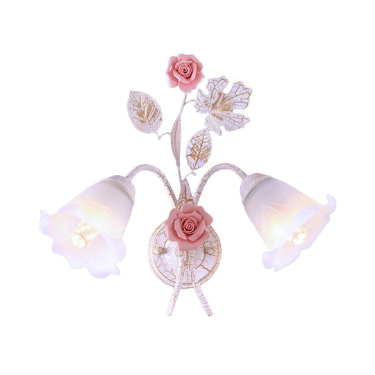 Pastoral Floral White Glass Wall Sconce With Metal Curved Arm For Living Room - 1/2-Light Mount Lamp