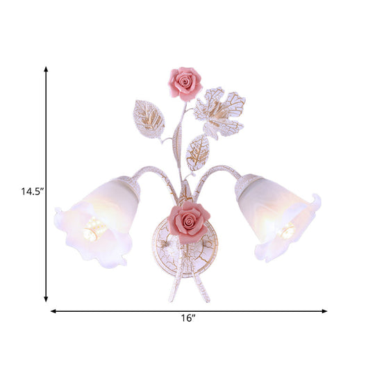 Pastoral Floral White Glass Wall Sconce With Metal Curved Arm For Living Room - 1/2-Light Mount Lamp