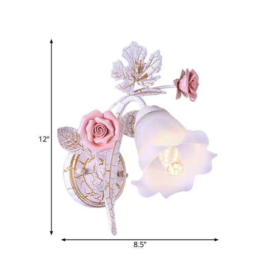 Pastoral Floral White Glass Wall Sconce With Metal Curved Arm For Living Room - 1/2-Light Mount Lamp