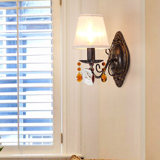 Pastoral Style Fabric Antique Brass Sconce Lamp: Coffee Crystal Wall Mounted Light
