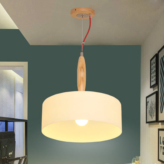 Contemporary Beige 1-Light Restaurant Pendant With White Glass Drum Shade