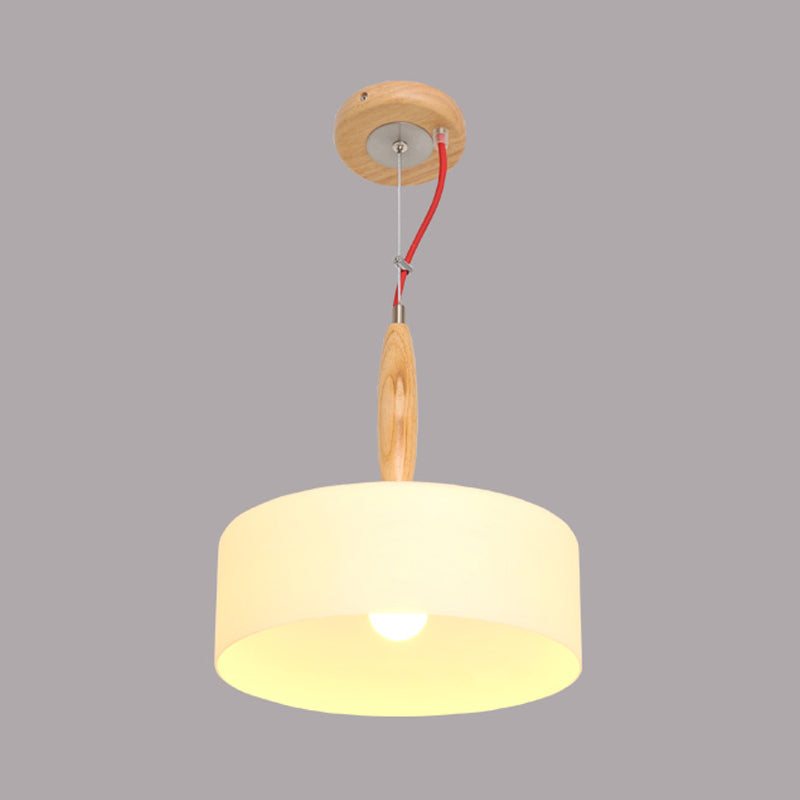 Contemporary Beige Restaurant Pendant With 1-Light Down Lighting And Drum White Glass Shade
