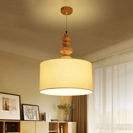White Drum Drop Pendant Light With Fabric Shade - Minimalist Design For Dining Table
