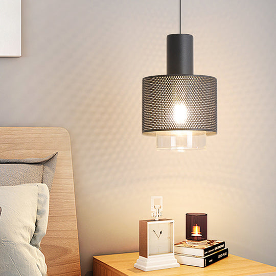 Modern Drum Mesh Pendant Ceiling Lamp With Clear Glass Shade Black Iron 1-Head Bedside Hanging Light