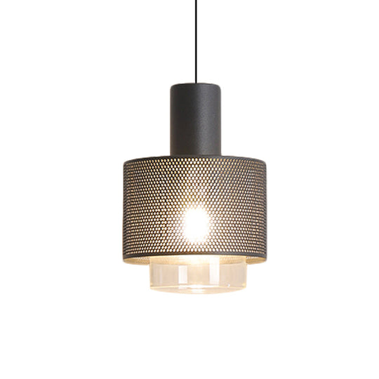 Modern Mesh Drum Pendant Lamp With Clear Glass Shade In Black