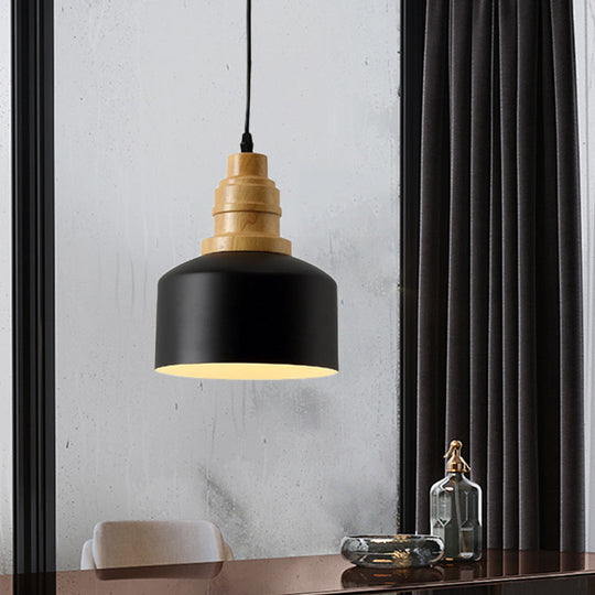 Modern Nordic Black Drum Hanging Pendant Lamp With Wooden Top - 1 Bulb Iron Ceiling Lighting