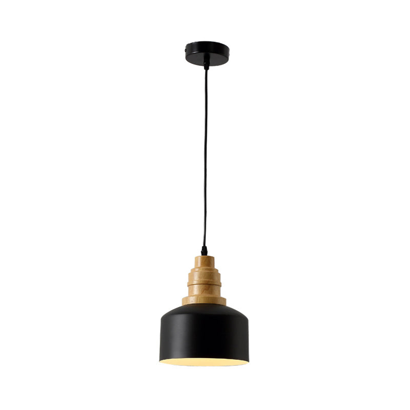 Modern Nordic Black Drum Hanging Pendant Lamp With Wooden Top - 1 Bulb Iron Ceiling Lighting