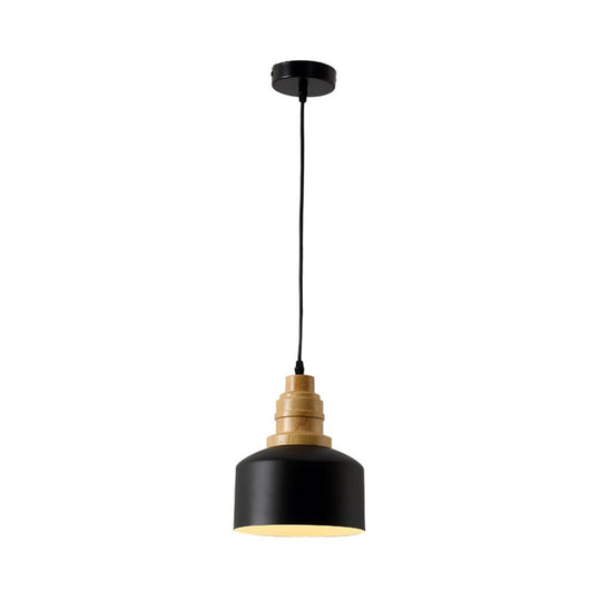 Modern Nordic Black Drum Hanging Pendant Lamp With Wooden Top - 1 Bulb Iron Ceiling Lighting