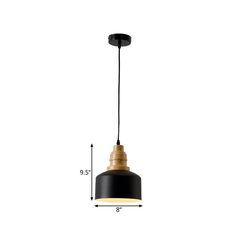 Modern Nordic Black Drum Hanging Pendant Lamp With Wooden Top - 1 Bulb Iron Ceiling Lighting