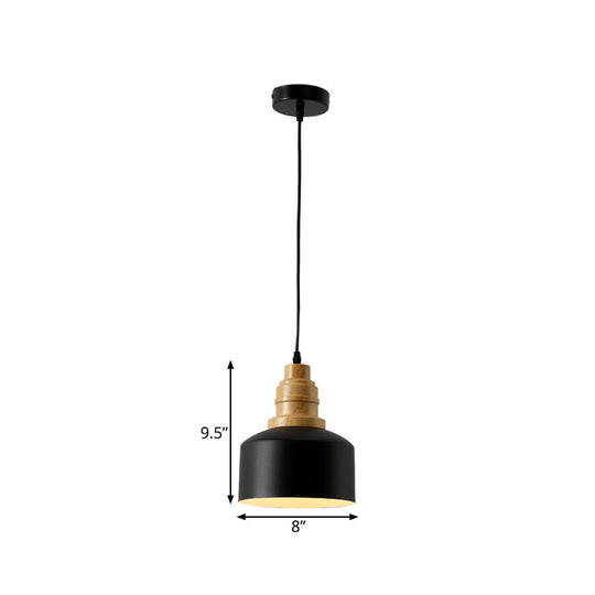 Modern Nordic Black Drum Hanging Pendant Lamp With Wooden Top - 1 Bulb Iron Ceiling Lighting