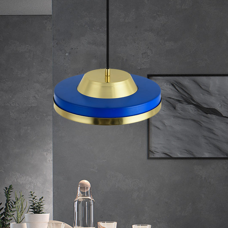 Modern Metal Led Pendant Lighting In Blue And Brass For Bedroom Ceiling - 1 Head Flying Saucer