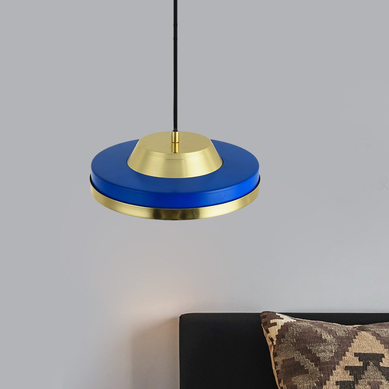 Modern Metal Led Pendant Lighting In Blue And Brass For Bedroom Ceiling - 1 Head Flying Saucer