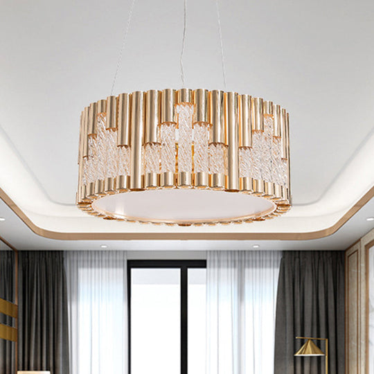 Modern Gold Drum Pendant Chandelier With Clear Glass Tube - 3 Lights Living Room Suspension Lamp