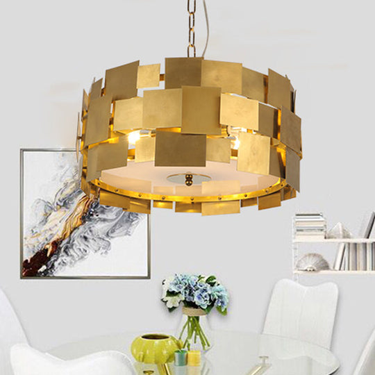 Modern Gold Square Panel Hanging Light Kit - 6 Bulb Metallic Drum Ceiling Chandelier