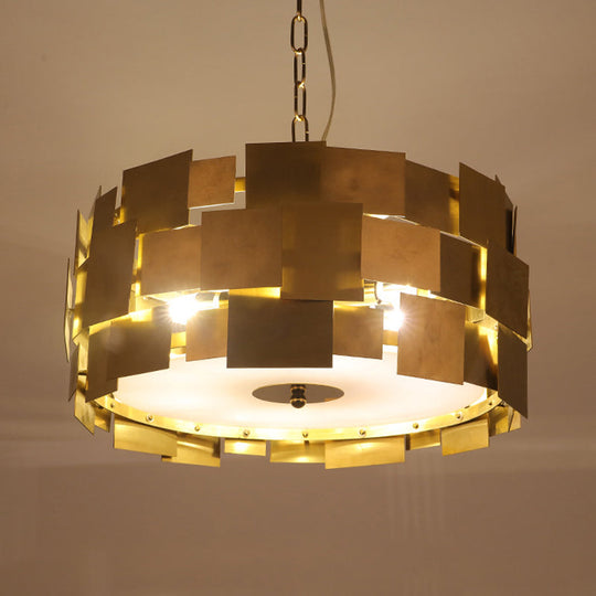 Modern Gold Square Panel Hanging Light With 6 Bulbs Metallic Drum Ceiling Chandelier Kit