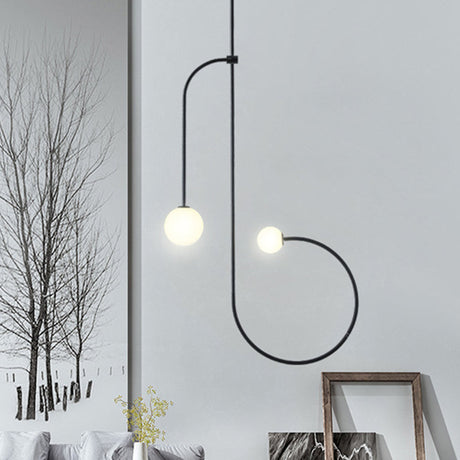 Opal Glass Modo Pendant Chandelier With Led - 2 Bulbs Curved Arm Frosted Black Finish