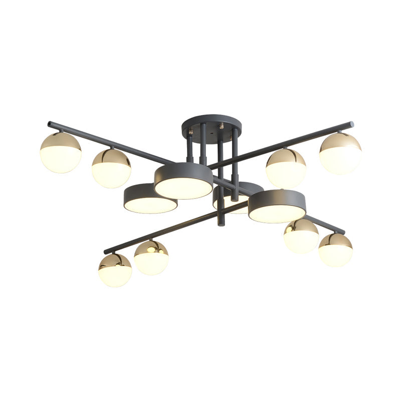 Modernist Metal Drum And Ball Led Flush Lamp - 12-Head Semi Mount Light In Grey For Living Room