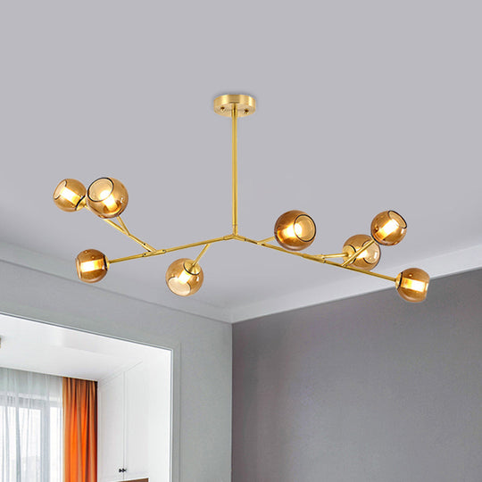 8-Bulb Branch Pendant Chandelier With Amber Glass Shade - Modern Brass Ceiling Fixture For Living