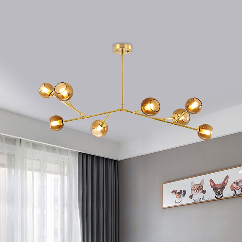 Modern 8-Bulb Brass Chandelier Ceiling Light With Amber Glass Shades
