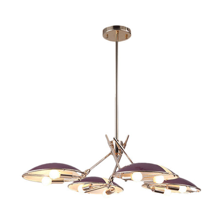 Modern Flat Dome Hanging Light With Metallic Finish - 8-Light Purple Ceiling Chandelier For Living