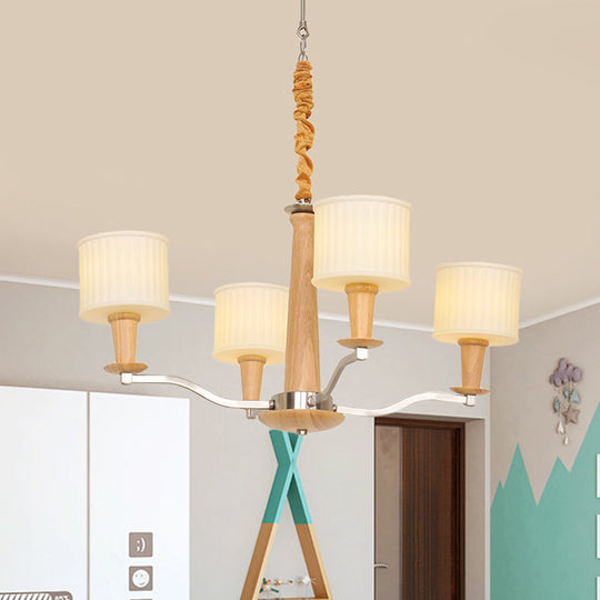 Modern Beige Radial Chandelier With Cream Glass Drum Shade And 4 Wooden Heads