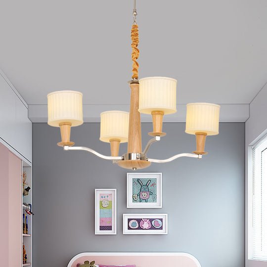 Modern Beige Radial Chandelier With Cream Glass Drum Shade And 4 Wooden Heads