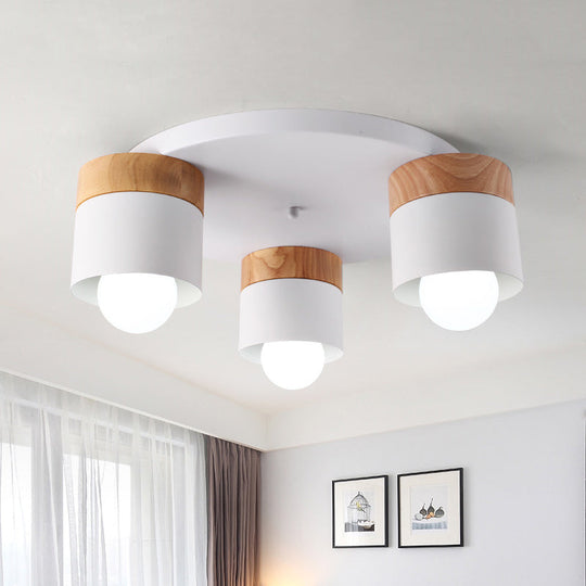 Modern Nordic Iron Cylinder Flush Mount Fixture With Wood Top - White 3 Bulb Ceiling For Bedroom