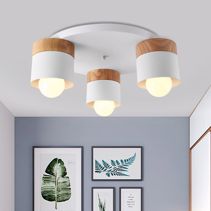 Modern Nordic Iron Cylinder Flush Mount Fixture With Wood Top - White 3 Bulb Ceiling For Bedroom