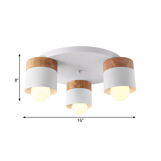 Modern Nordic Iron Cylinder Flush Mount Fixture With Wood Top - White 3 Bulb Ceiling For Bedroom