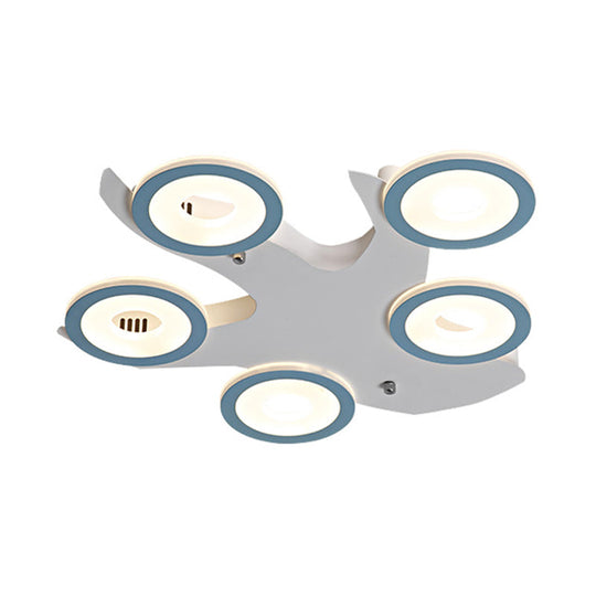 Blue Nordic Led Ceiling Light With 5 Acrylic Rings And Iron Canopy For Bedroom Flush Mount