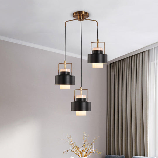 Modernist Drum-Shaped Metal Pendant Light - 3-Light Black Finish Suspension Lamp
