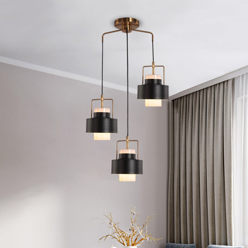 Modernist Drum-Shaped Metal Pendant - 3-Light Black Suspension Lamp