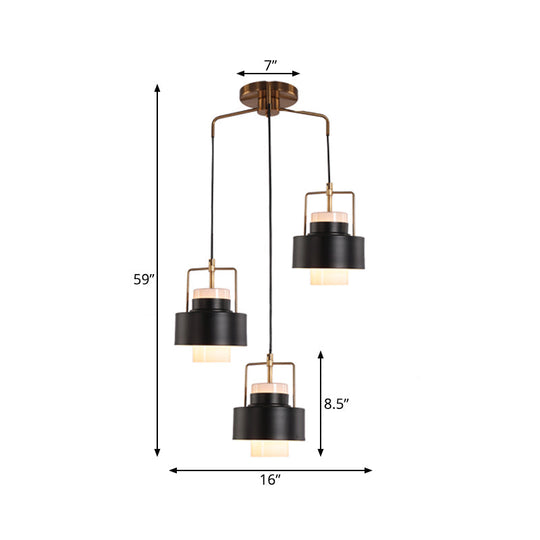 Modernist Drum-Shaped Metal Pendant - 3-Light Black Suspension Lamp