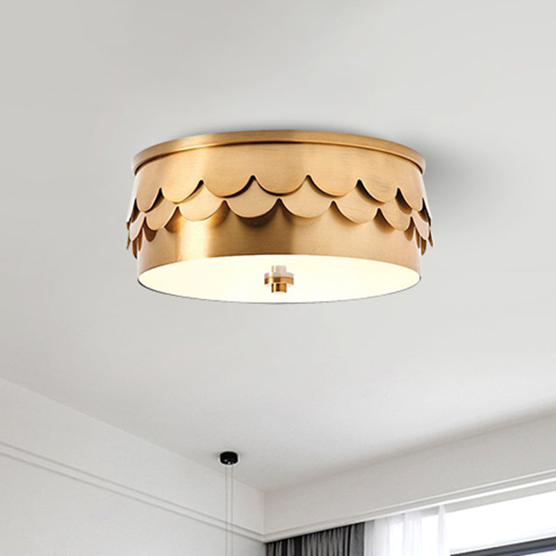 Gold Iron Drum Ceiling Light With Led And Ruffled Edge For Bedroom Mounting
