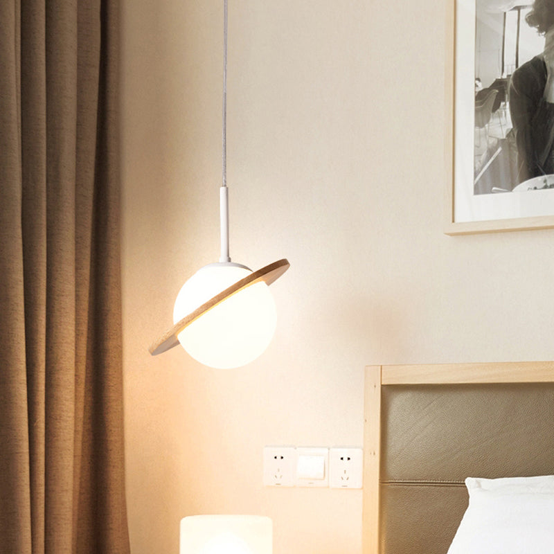 White Glass Pendant Lamp With Wood Ring - Simple Global Hanging Fixture For Bedside