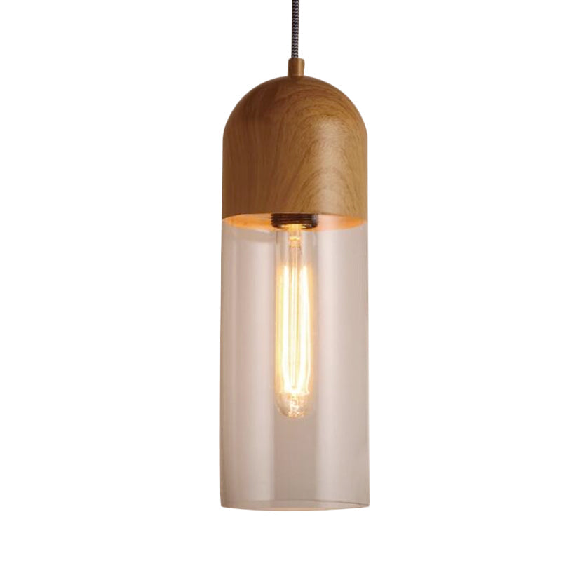 Modern Clear Glass Ceiling Light With Wood Pendant For Bedroom