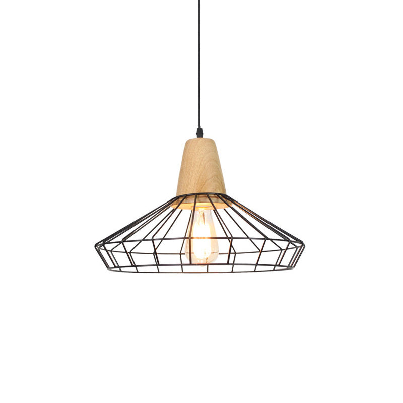 Industrial Metal And Wood Pendant Light With Cage Shade In Black - Saucer/Polygon/Diamond Shape