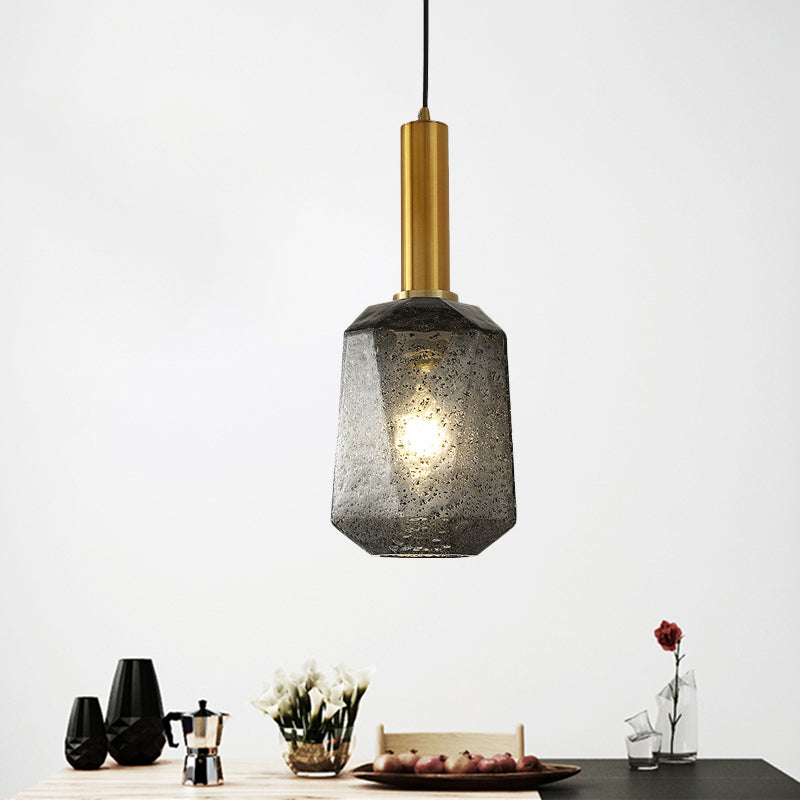 Smoke Gray Glass Bedside Pendant Lighting - Industrial Brass Hanging Ceiling Lamp