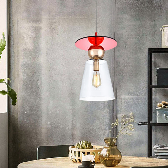 Modern Hanging Light Kit - Clear Glass Cup Shape Pendant With Red Disc Top