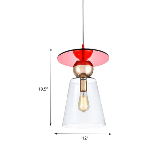 Modern Hanging Light Kit - Clear Glass Cup Shape Pendant With Red Disc Top