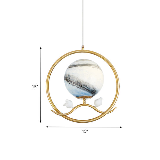 Post Modern Gold Hanging Lamp With Planet Glass Shade And Bird Deco Pendant