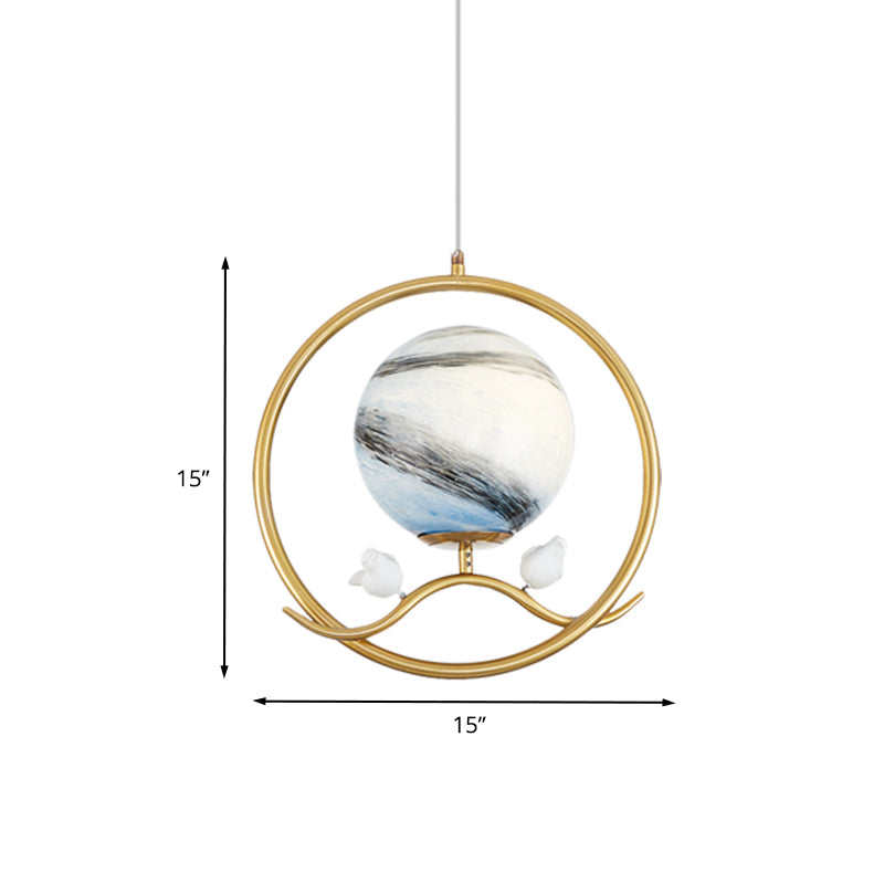 Gold Metallic 1-Light Hanging Lamp: Post Modern Ring Pendant With Planet Glass Shade & Bird Deco For