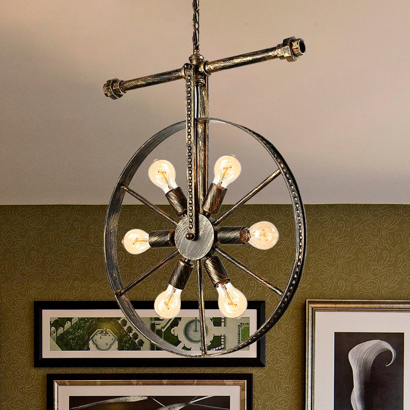 Farmhouse Style Wrought Iron Pendant Light Fixture 6 Light Round with Wheel Design | Bronze Ceiling Décor 6 / Bronze