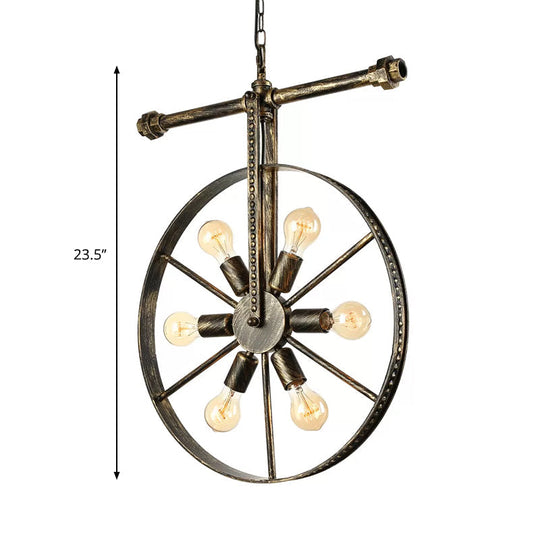 Farmhouse Style Wrought Iron Pendant Light Fixture 6 Light Round with Wheel Design | Bronze Ceiling Décor 6 / Bronze