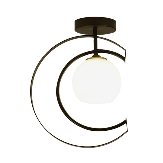 Modern Globe Semi Flush Mount Ceiling Lamp - White Glass 1 - Light Black With Moon Iron Frame
